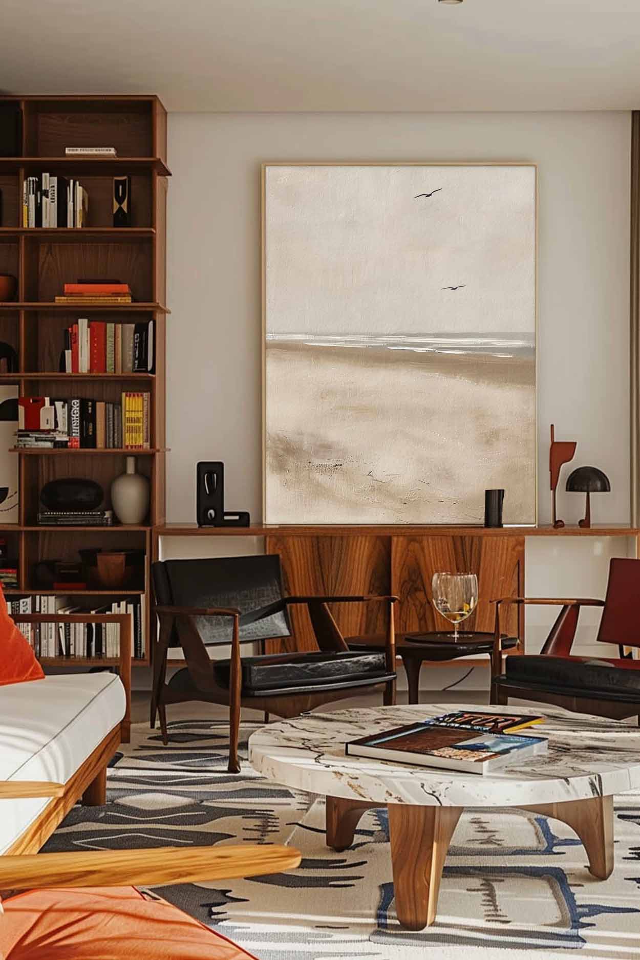 Serene Coastal Landscape Oil Painting with Gentle Waves and Skyward Birds
