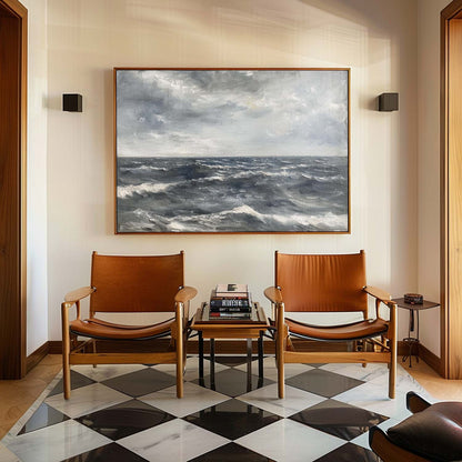 Serene Ocean Waves Oil Painting in Soft Grays and Blues for Timeless Home Decor