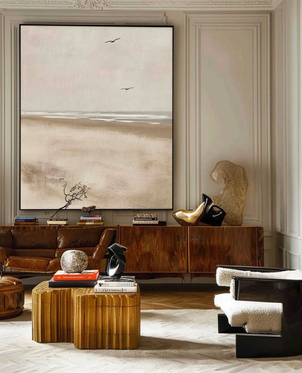 Serene Coastal Landscape Oil Painting with Gentle Waves and Skyward Birds