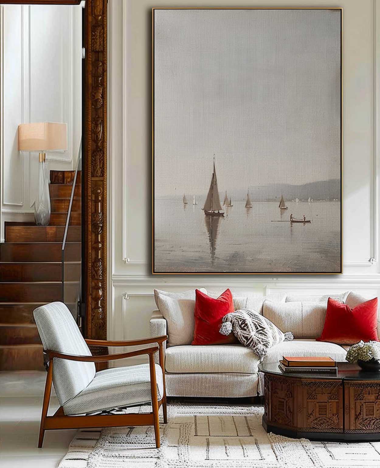 Serene Vintage Seascape Oil Painting with Sailing Boats and Calm Waters