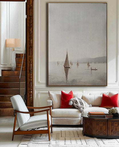 Serene Vintage Seascape Oil Painting with Sailing Boats and Calm Waters