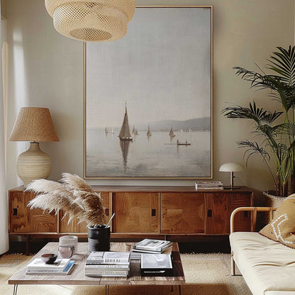 Serene Vintage Seascape Oil Painting with Sailing Boats and Calm Waters