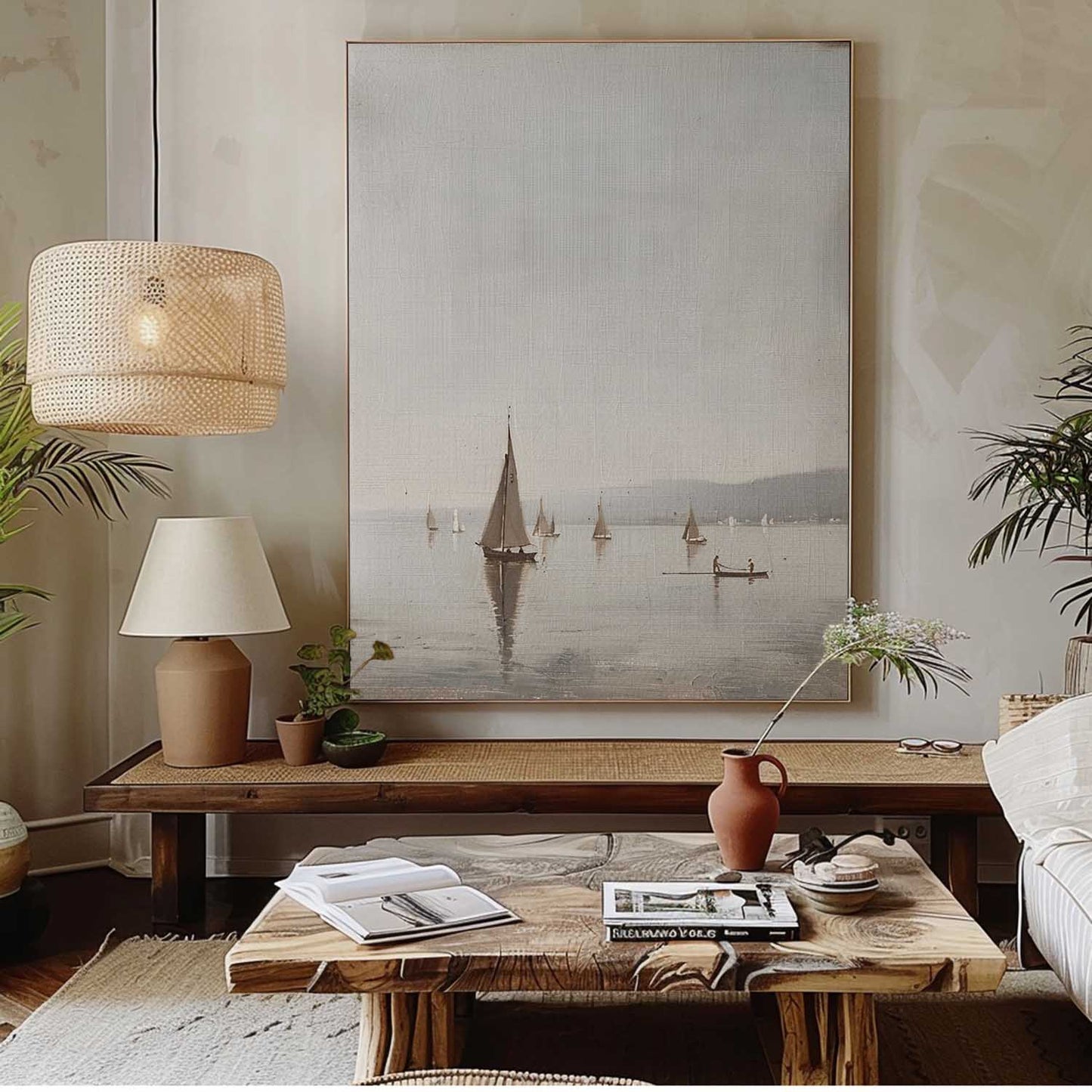 Serene Vintage Seascape Oil Painting with Sailing Boats and Calm Waters