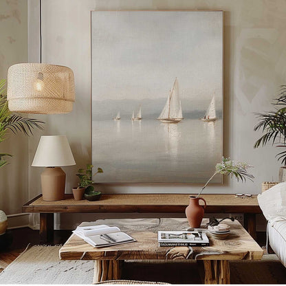 Serene Coastal Sailing Landscape Oil Painting for Tranquil Home Decor