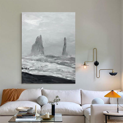 Monochromatic Coastal Landscape Oil Painting with Dramatic Waves and Rocks