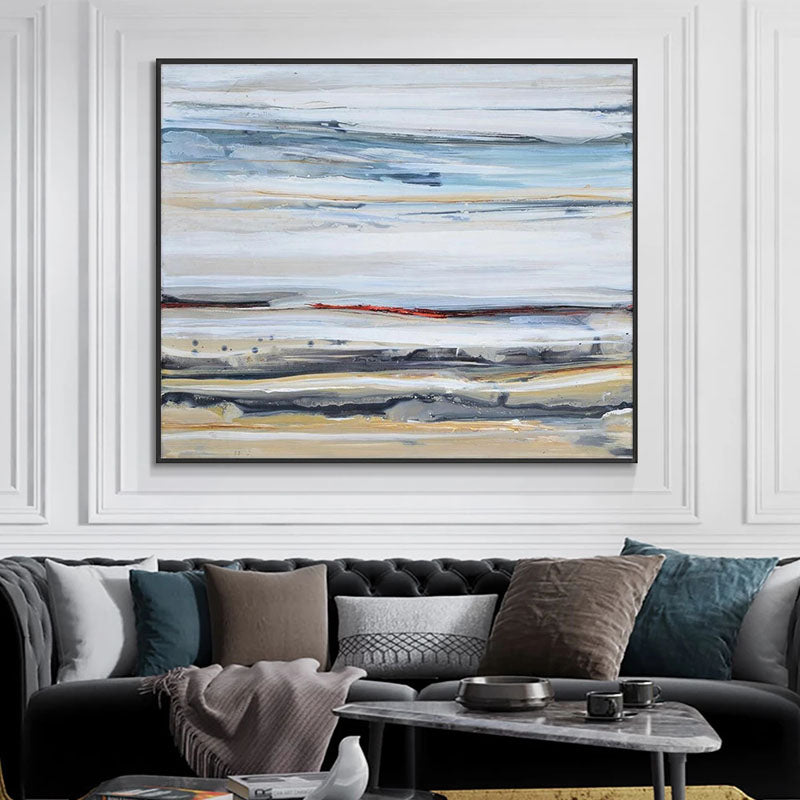 Whimsical Ocean Waves: Abstract Oil Painting of Blue and Beige Serenity