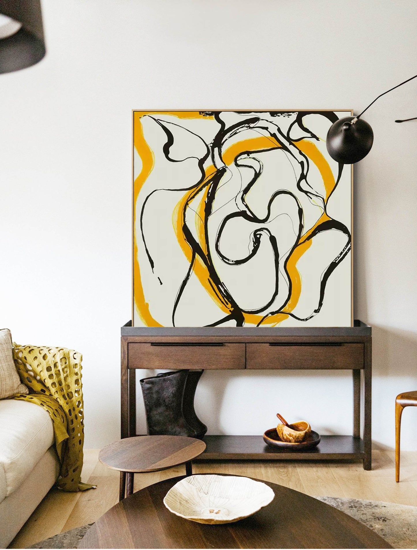 Abstract Minimalist Line Art in Black and Yellow for Modern Home Decor