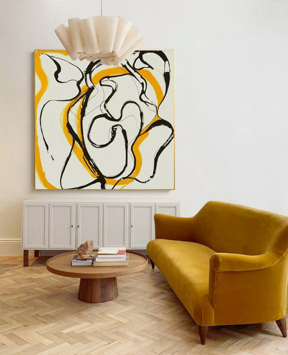 Abstract Minimalist Line Art in Black and Yellow for Modern Home Decor