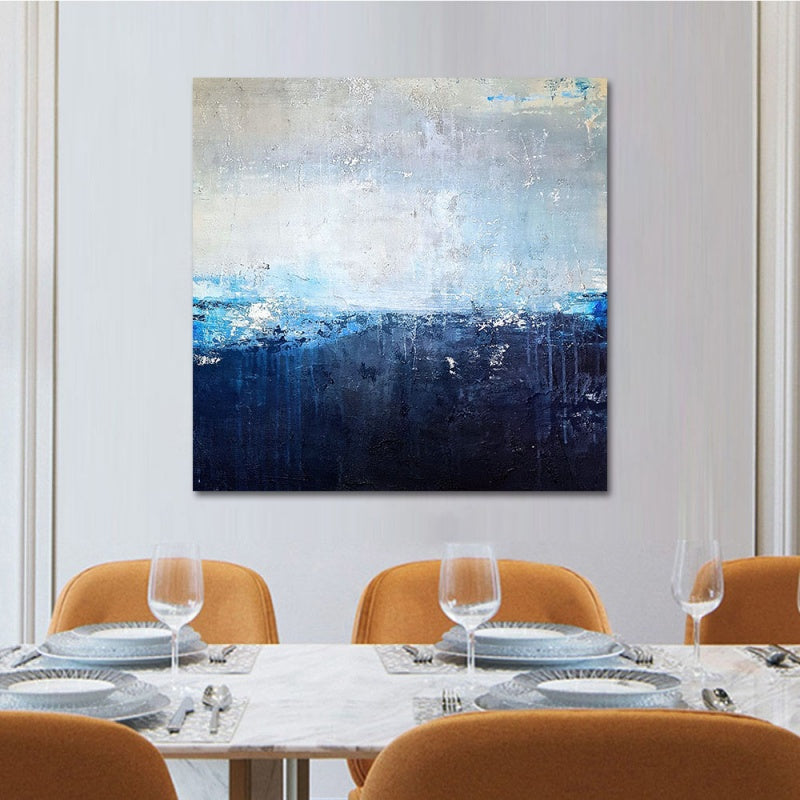 Serene Coastal Blues Landscape Oil Painting for Tranquil Home Decor