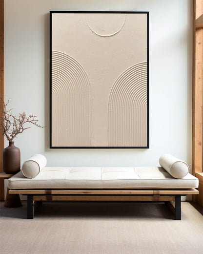 Modern Beige Abstract Oil Painting with Textured Lines and Minimalist Design