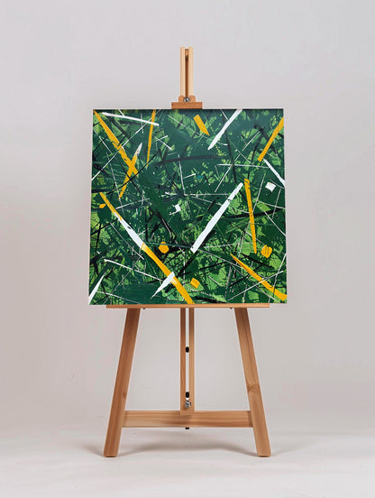 Vibrant Green Abstract Oil Painting with Bold Yellow and White Accents