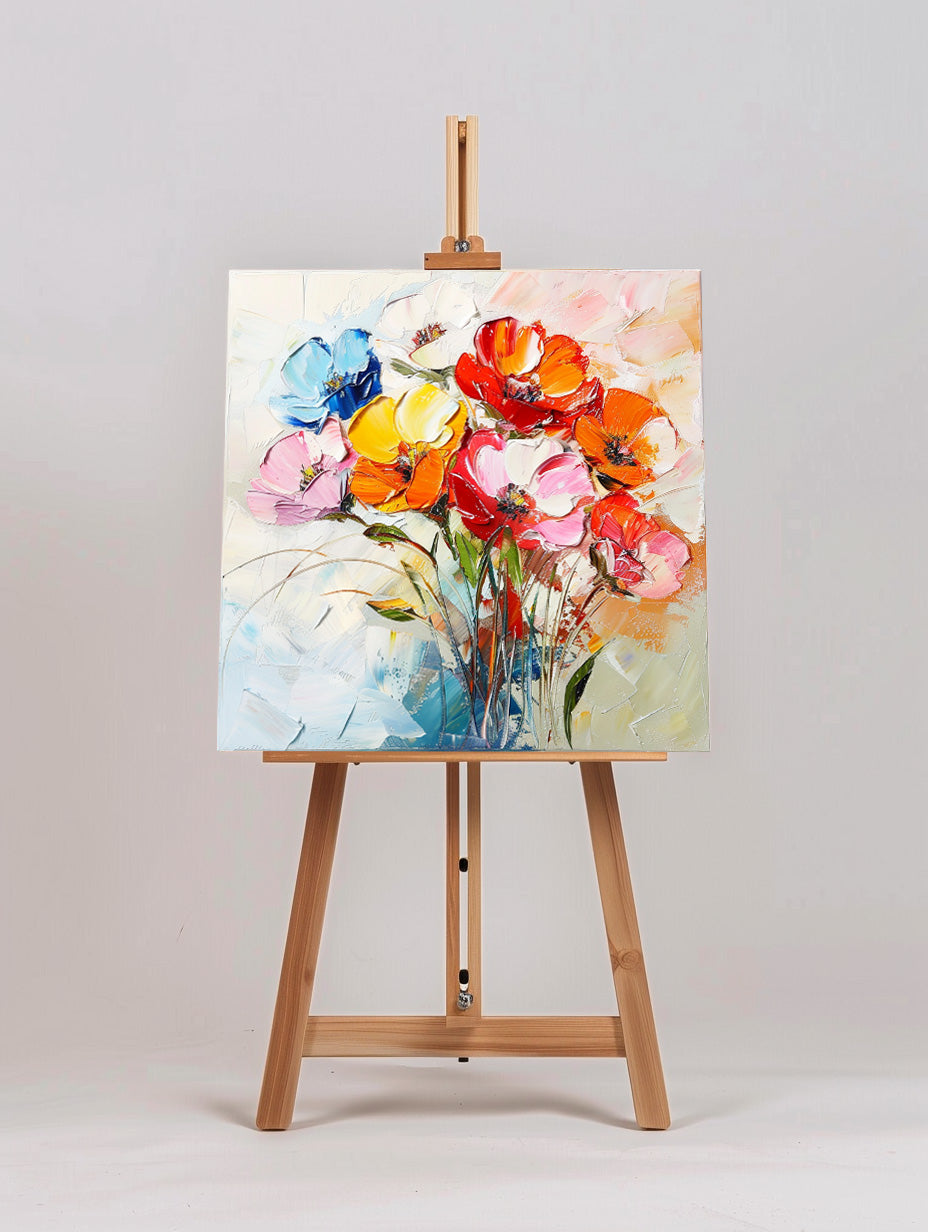 Vibrant Floral Abstract Oil Painting - Colorful Flower Bouquet on Canvas Art