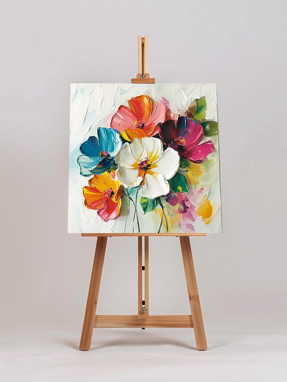 Vibrant Floral Abstract Oil Painting with Bold Colors and Dynamic Texture