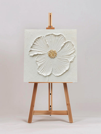 Elegant White Flower Oil Painting with Textured Petals and Gold Accents