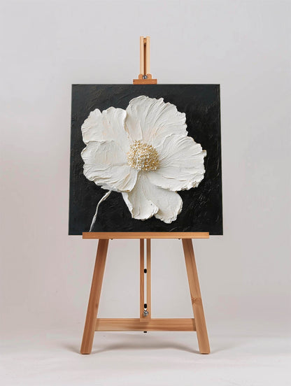 Elegant White Flower Abstract Oil Painting on Black Canvas for Modern Decor