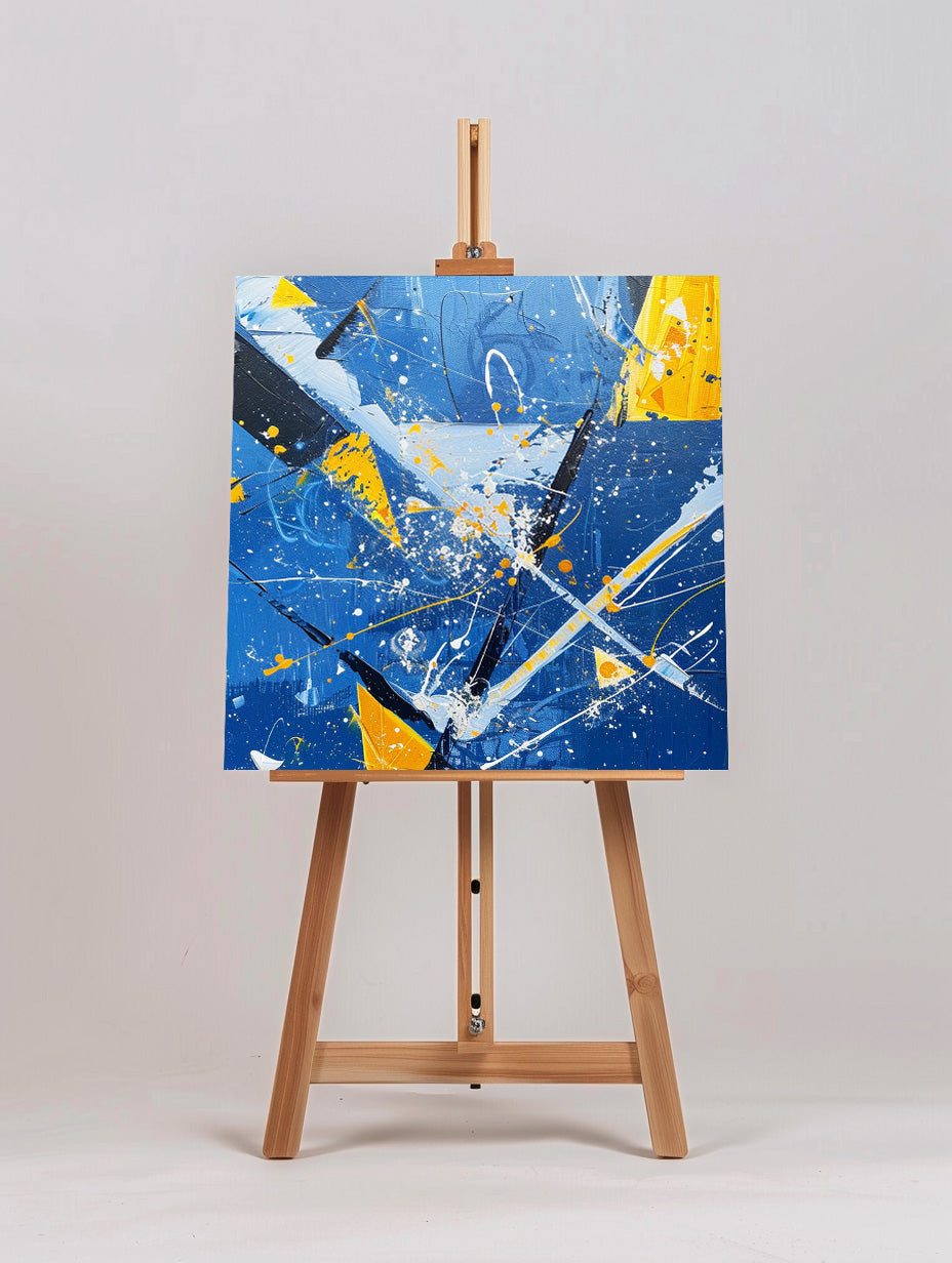 Vibrant Abstract Ocean Waves Oil Painting with Energetic Blue and Yellow Colors