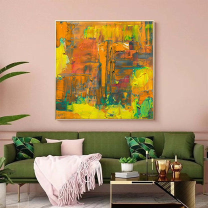 Vibrant Abstract Oil Painting in Orange and Yellow for Modern Home Decor