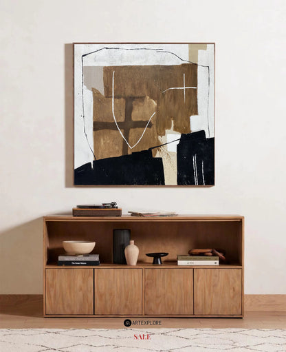 Contemporary Abstract Oil Painting with Bold Geometric Shapes and Earthy Tones