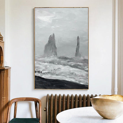 Monochromatic Coastal Landscape Oil Painting with Dramatic Waves and Rocks