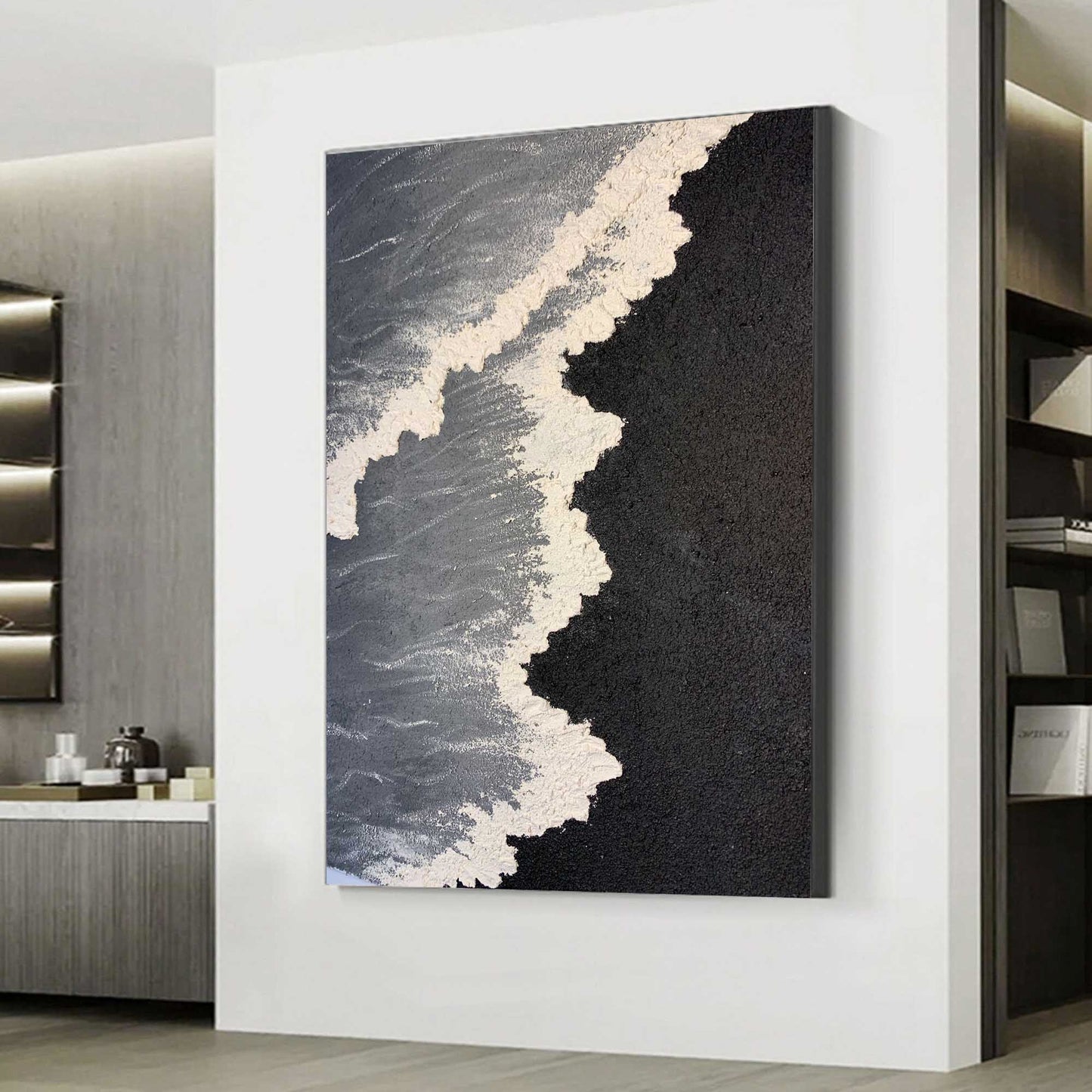 Abstract Minimalist Beach Scene in Monochrome Oil Painting