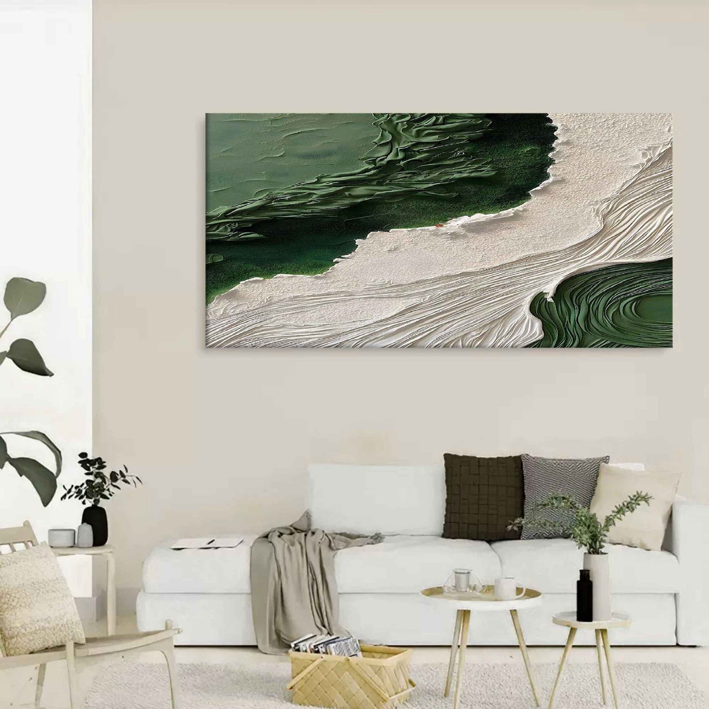 Textured Green and White Abstract Oil Painting for Modern Home Decor