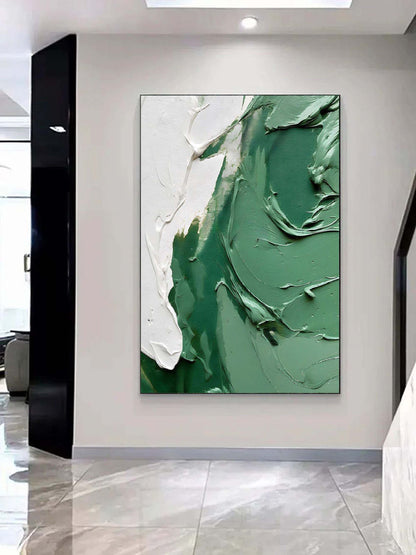 Abstract Green Textured Oil Painting with White Accents for Contemporary Home Decor
