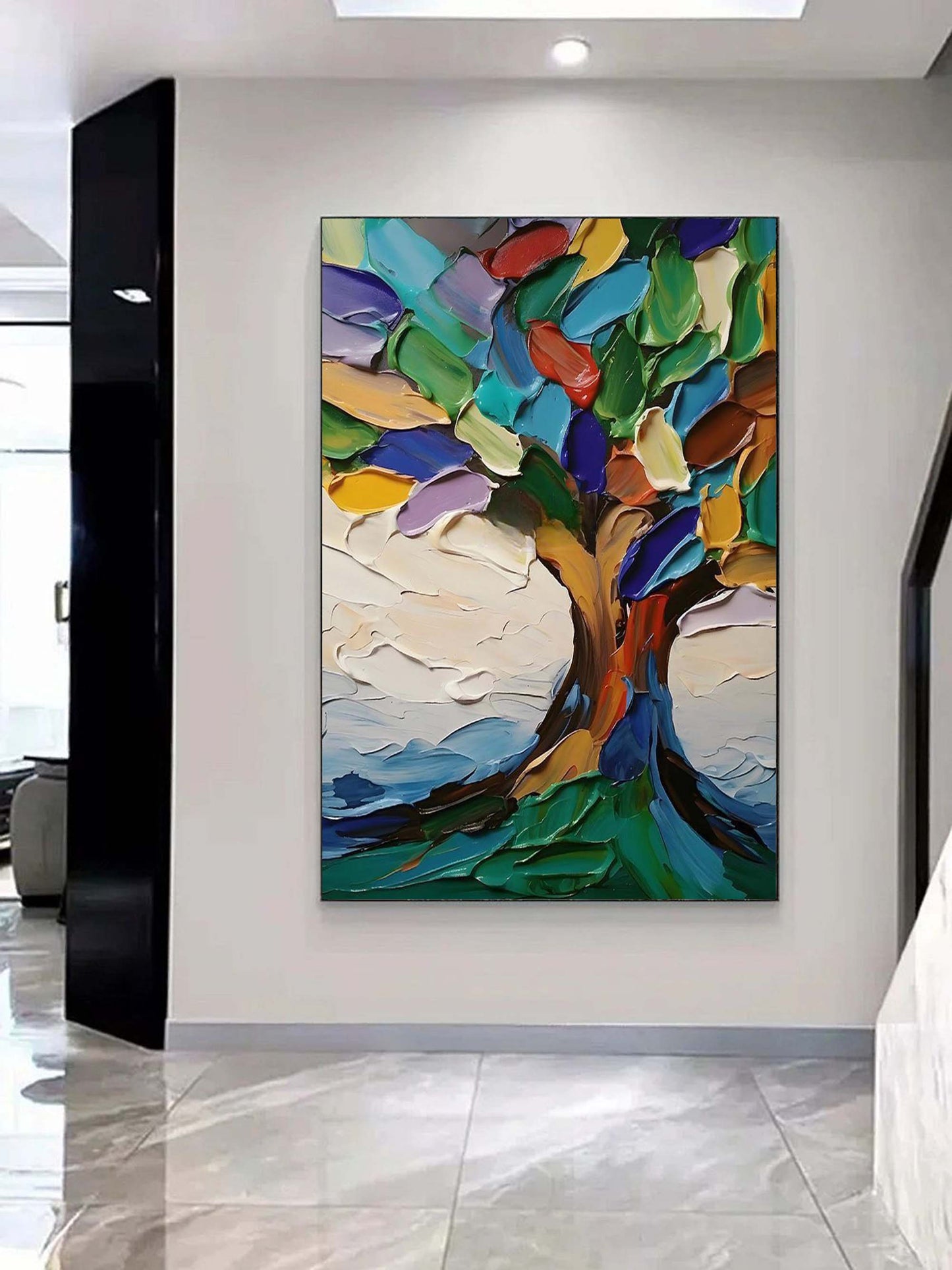 Vibrant Abstract Tree Oil Painting with Colorful Textures and Scenic Background