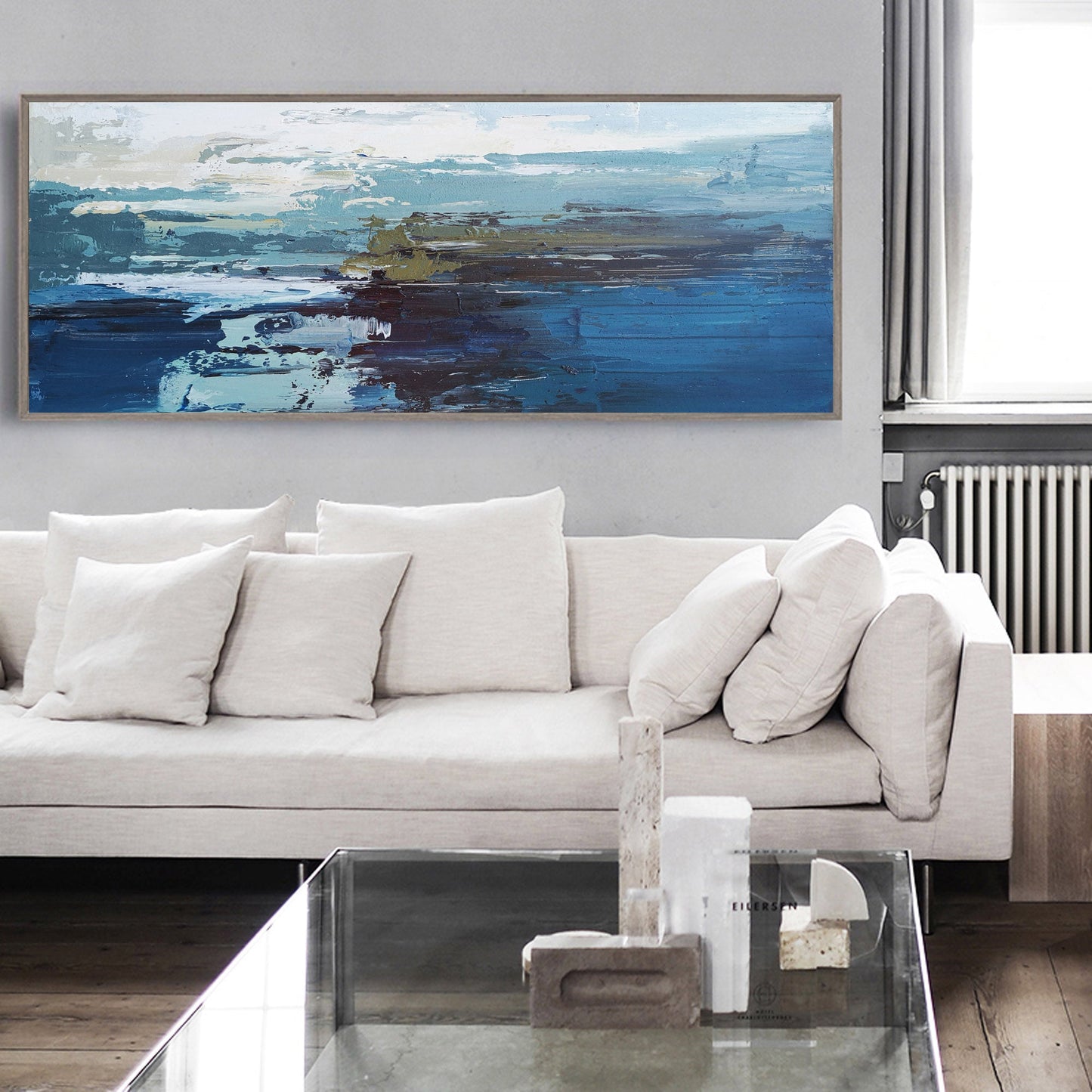 Serene Blue Ocean Waves Abstract Oil Painting for Tranquil Home Decor