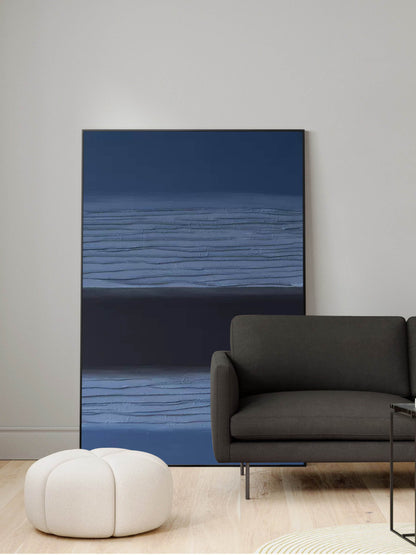 Abstract Minimalist Oil Painting in Deep Blue and Black for Modern Home Decor