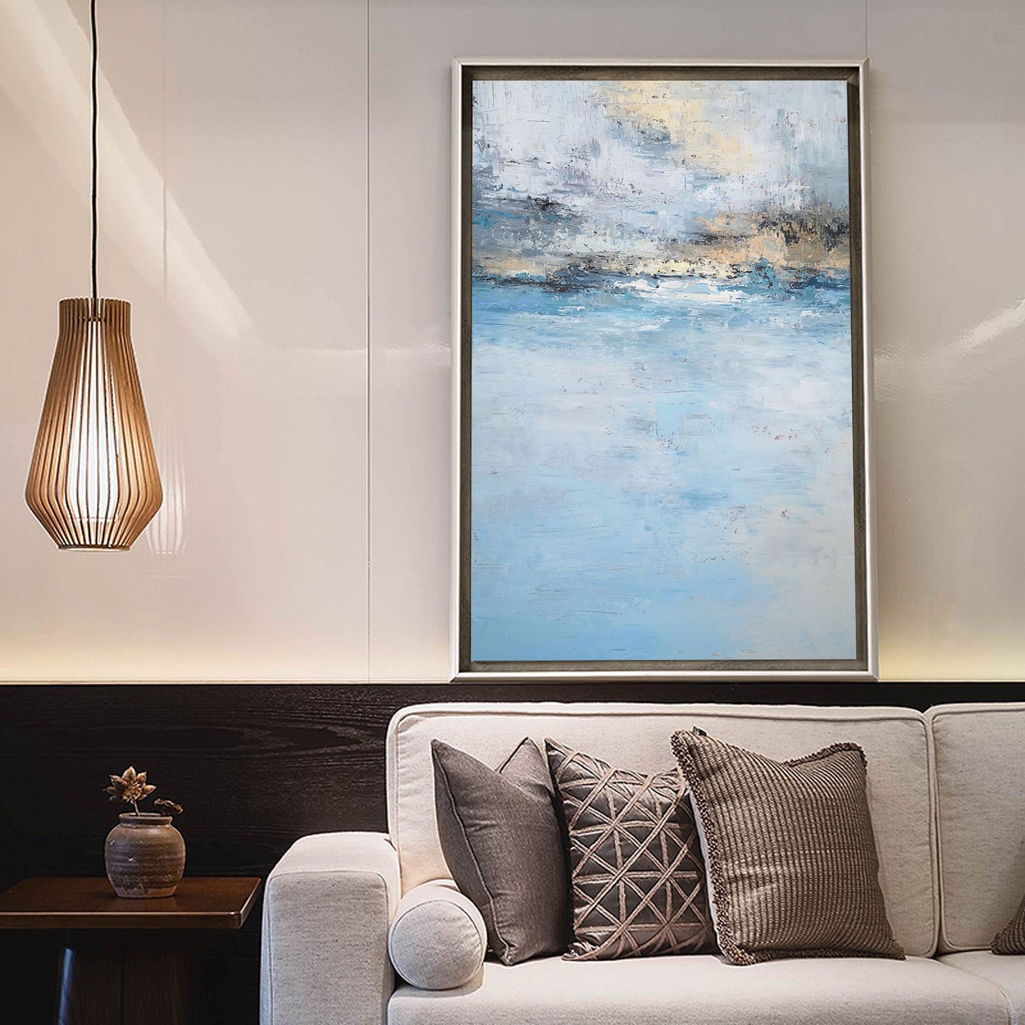 Serene Beach Sunset Oil Painting in Tranquil Blues and Gold Hues