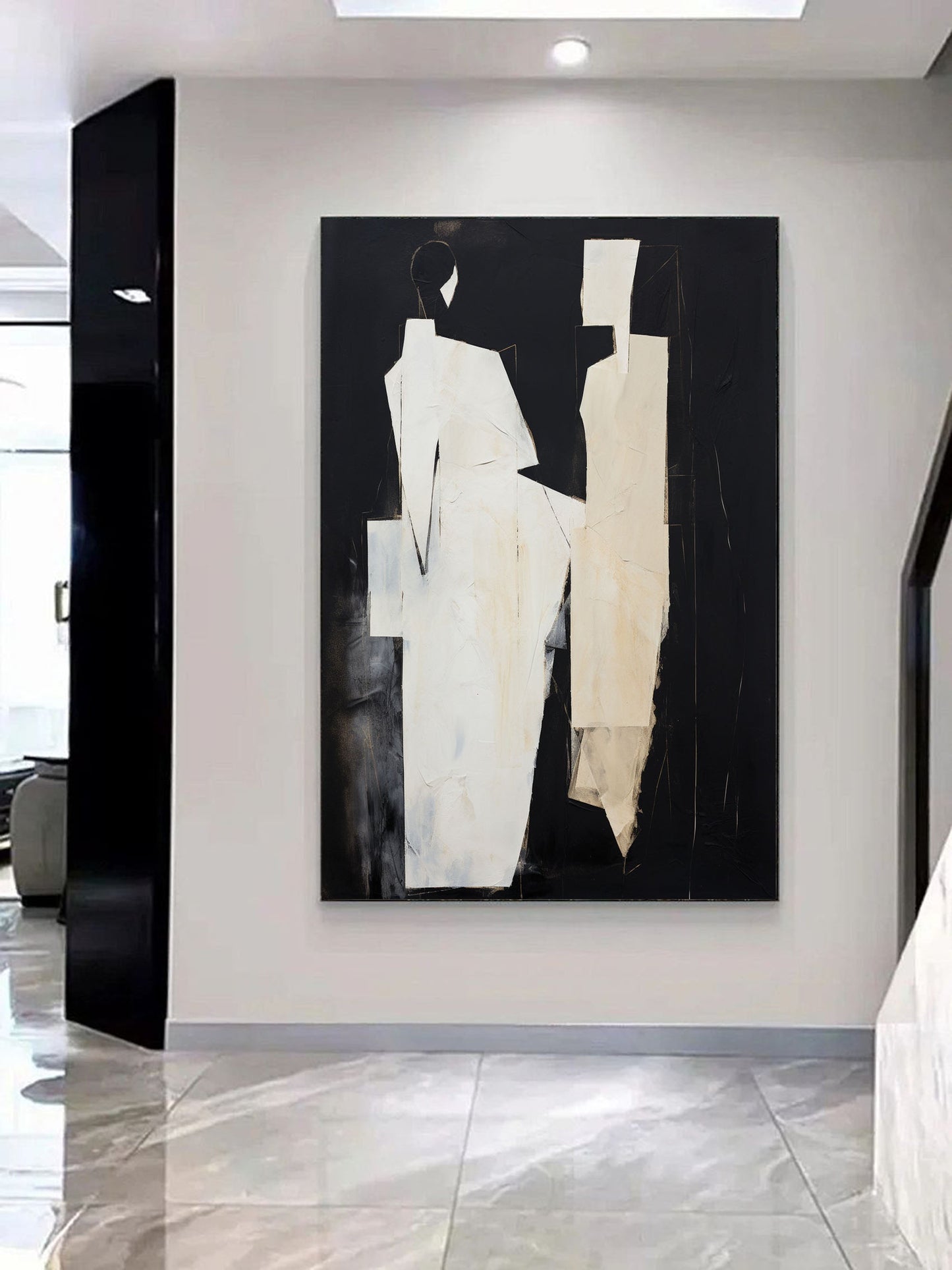 Abstract Black and White Minimalist Oil Painting for Modern Home Decor