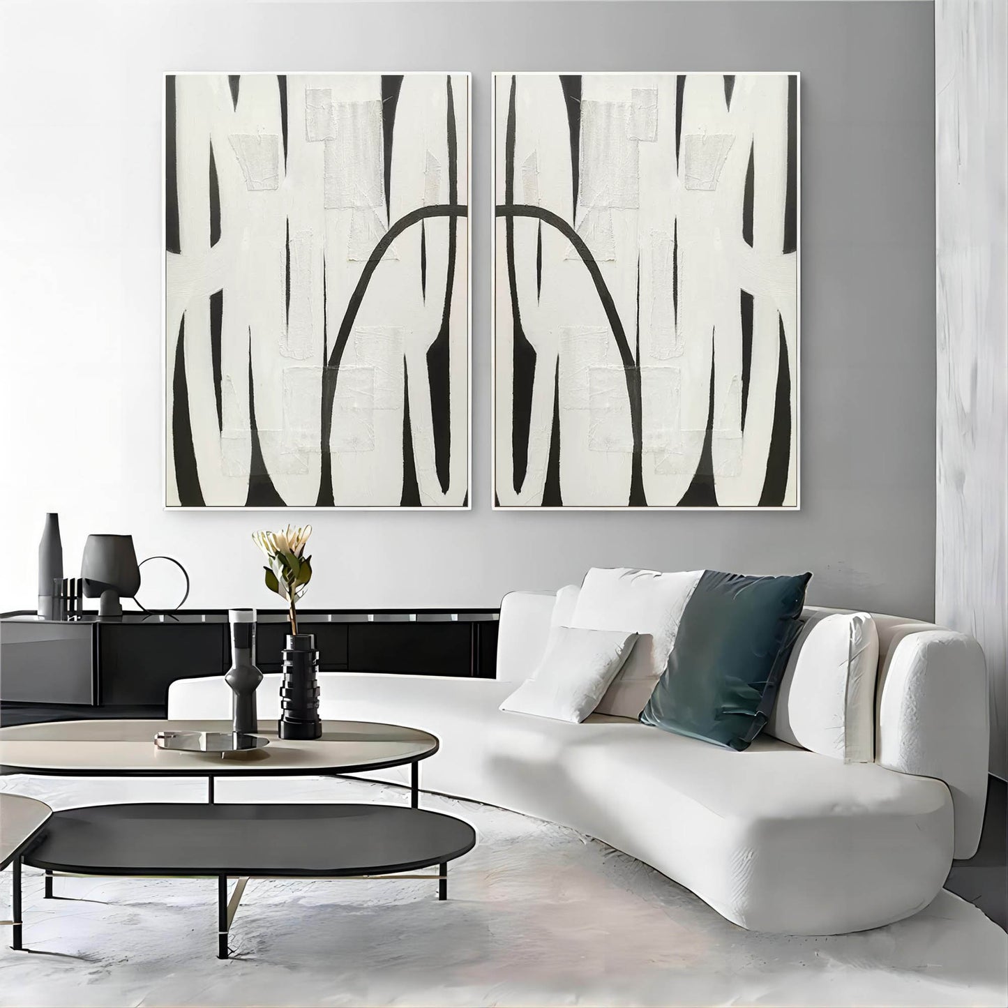 Monochrome Abstract Oil Painting Duo for Modern Home D√©cor