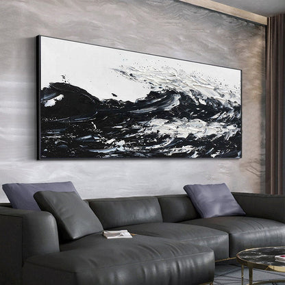 Dynamic Black and White Wave Oil Painting for Modern Home Decor