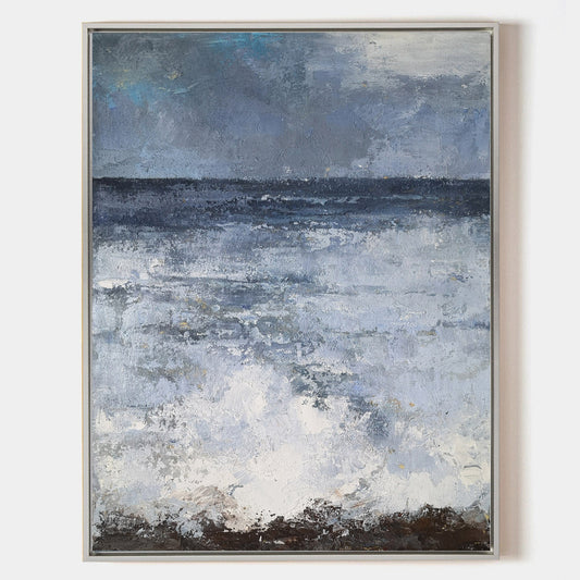 Tranquil Blue Ocean Waves Abstract Oil Painting for Coastal Decor
