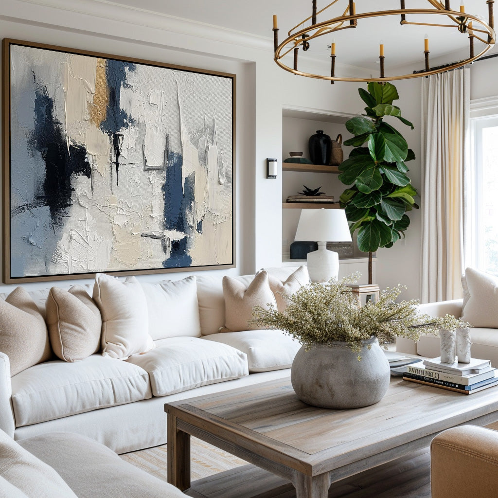 Contemporary Blue and Beige Abstract Oil Painting for Modern Home Decor