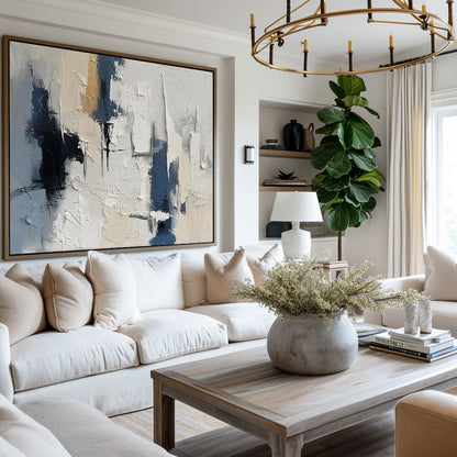 Contemporary Blue and Beige Abstract Oil Painting for Modern Home Decor