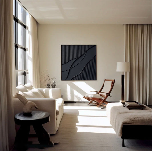 Elegant Black Waves Abstract Oil Painting for Modern Home Decor