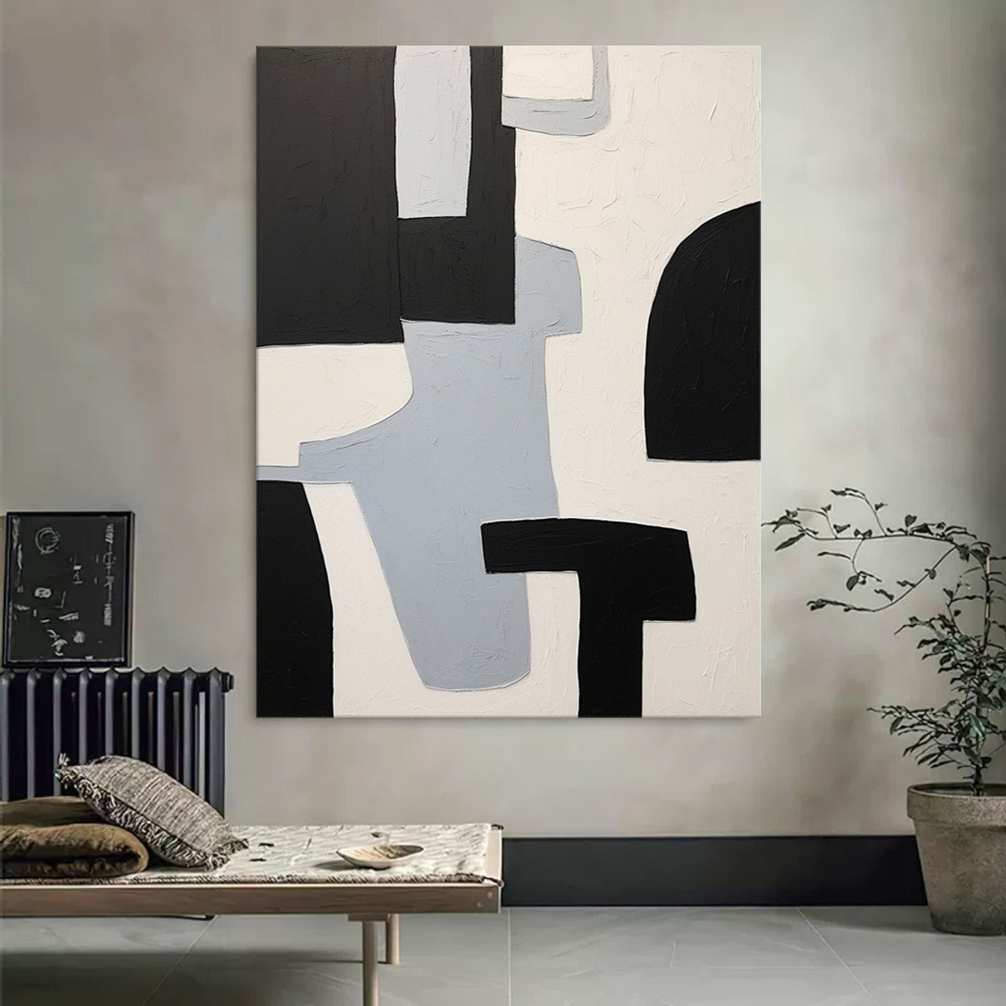 Abstract Black and White Minimalist Oil Painting for Modern Home Decor