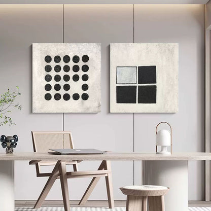 Modern Abstract Duo - Black and White Geometric Oil Paintings for Contemporary Decor