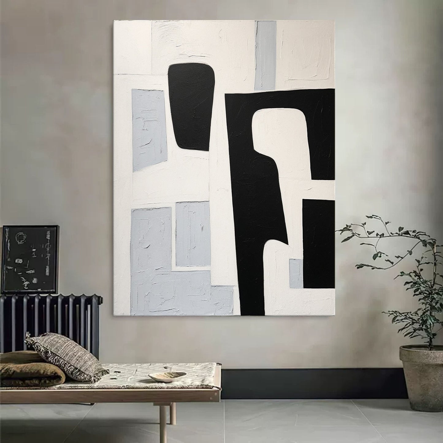 Abstract Black and White Minimalist Oil Painting for Modern Decor