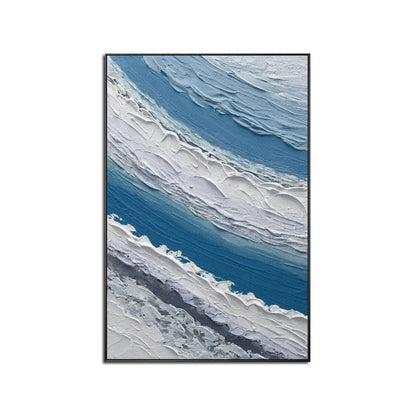 Ocean Wave Abstract Oil Painting with Blue and White Texture