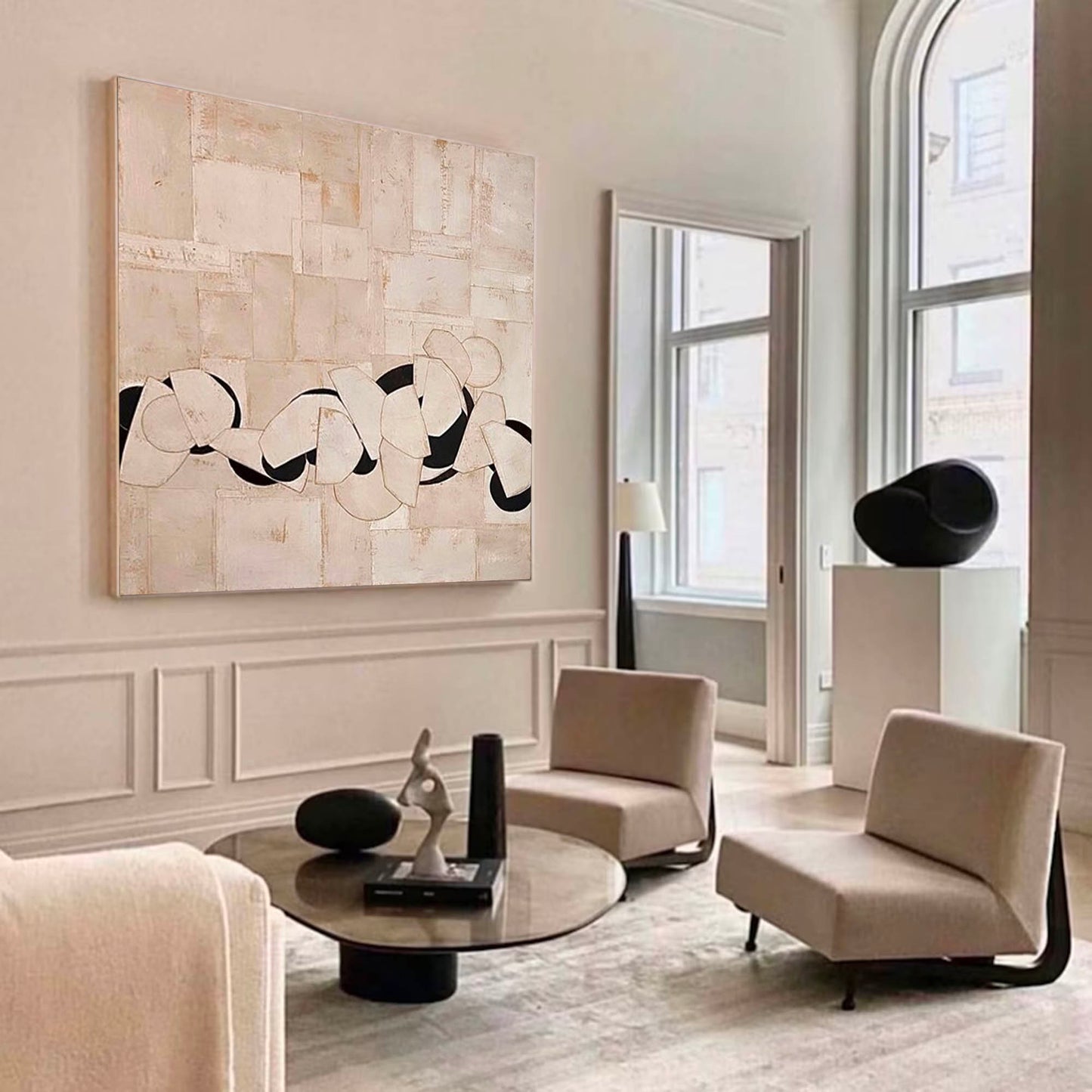 Chic Minimalist Abstract Oil Painting with Soft Geometric Shapes and Neutral Tones