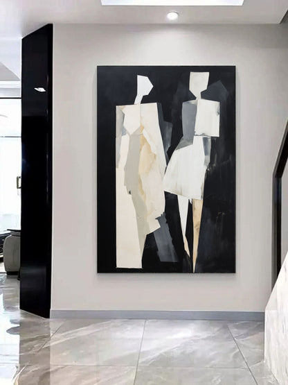 Abstract Minimalist Oil Painting of Figures in Monochrome Palette