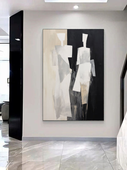 Abstract Black and White Minimalist Oil Painting for Modern Home Decor