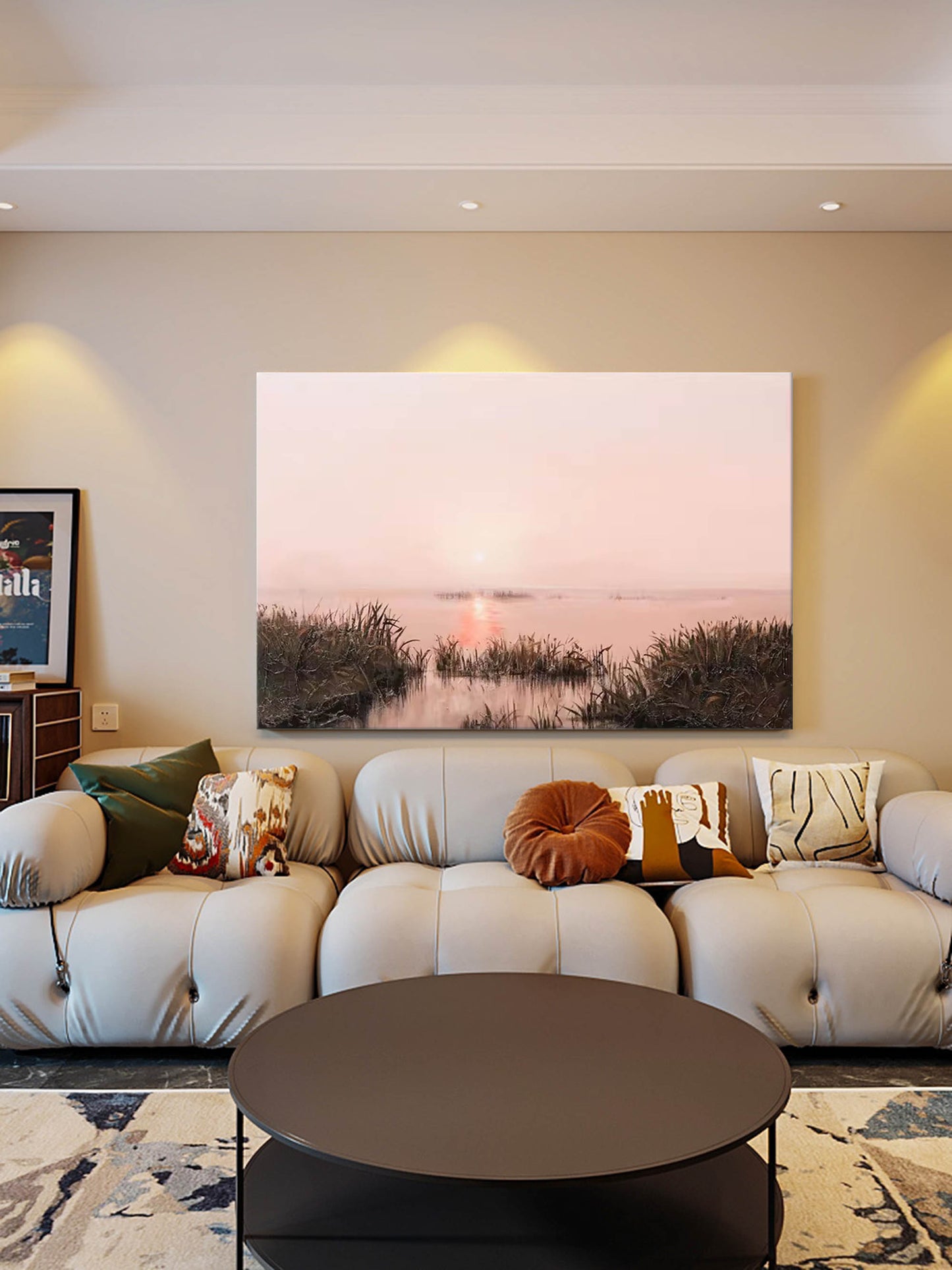 Serene Misty Landscape Oil Painting with Reflective Water at Sunset