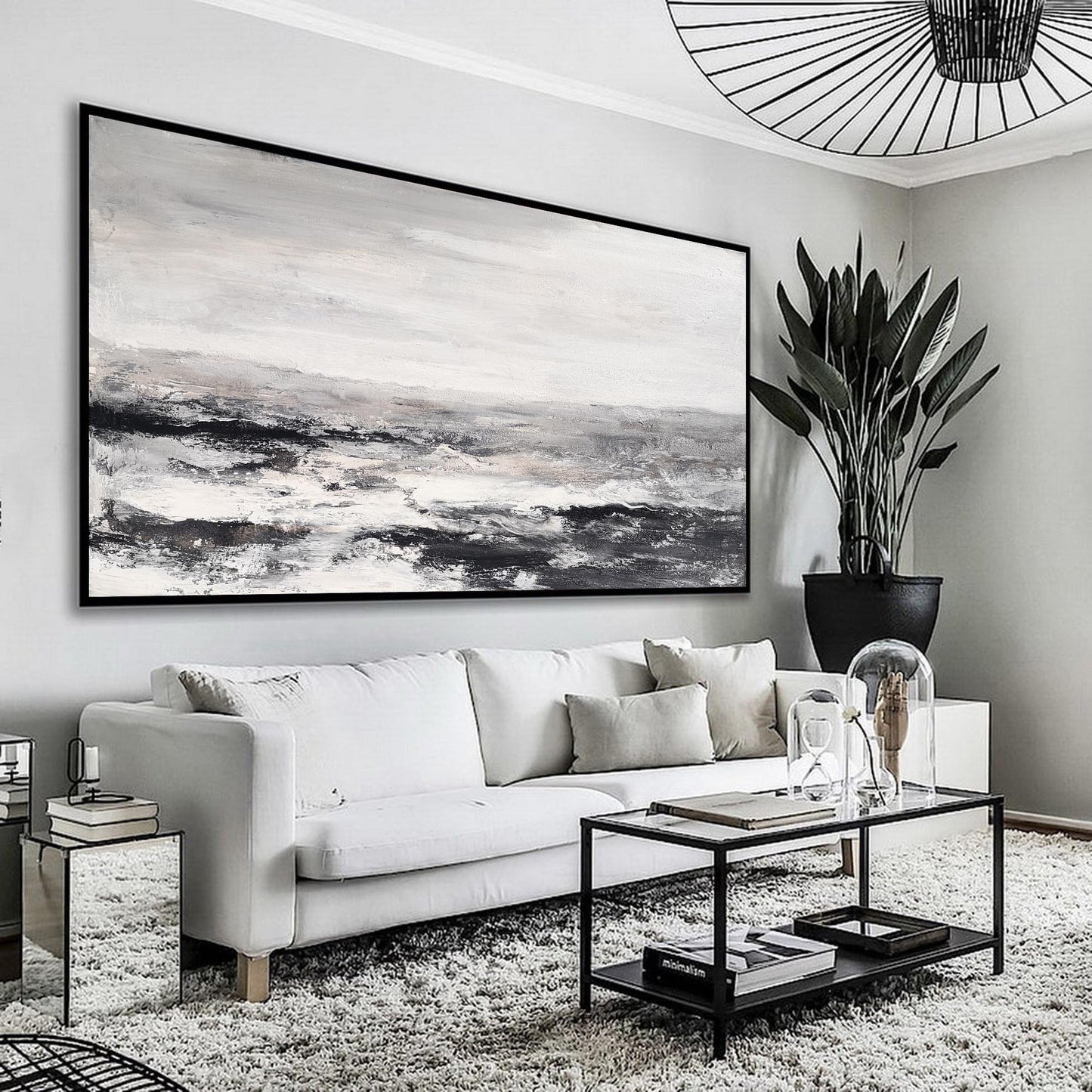 Monochrome Ocean Waves: Abstract Black and White Coastal Oil Painting for Modern Decor