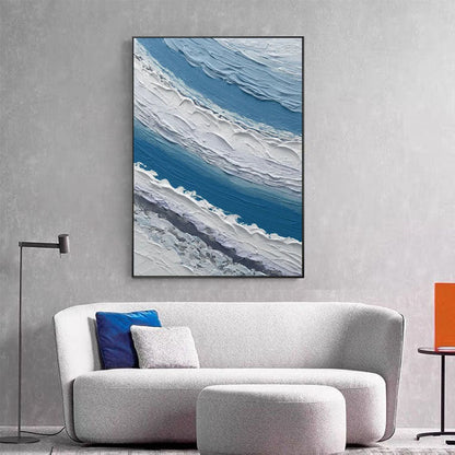 Ocean Wave Abstract Oil Painting with Blue and White Texture