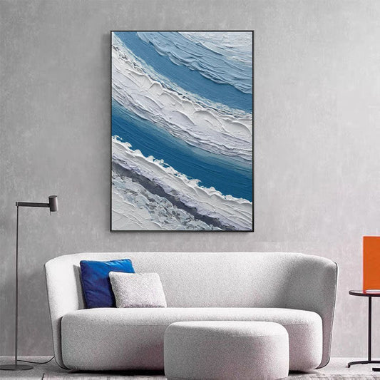 Ocean Wave Abstract Oil Painting with Blue and White Texture