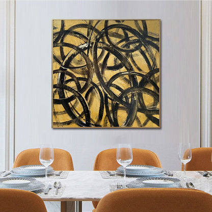 Abstract Black and Gold Infinity Circles Oil Painting for Modern Decor