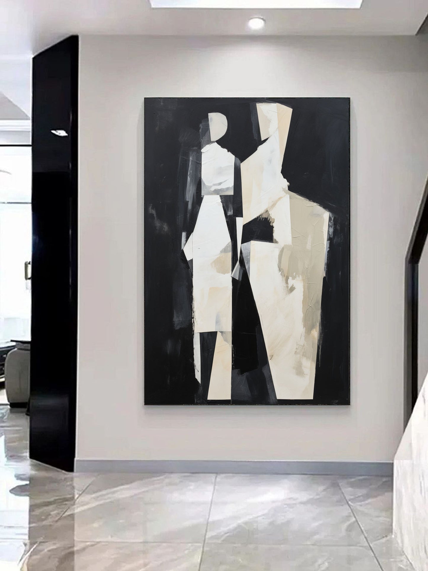 Abstract Black and White Minimalist Oil Painting for Modern Home Decor